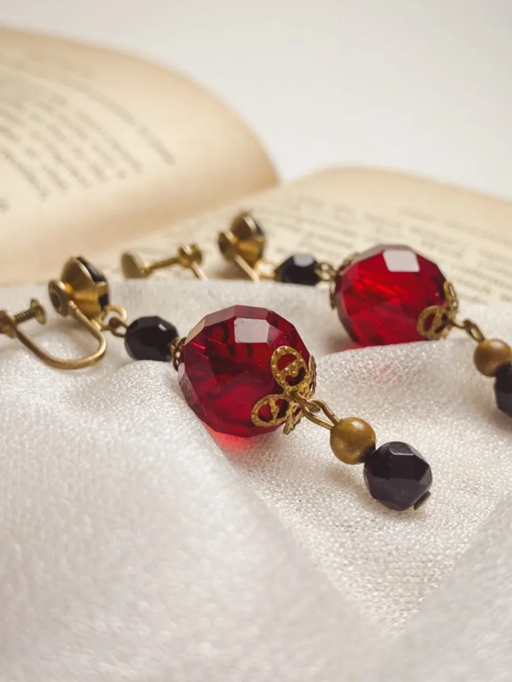 Vintage Screwback Red Crystal Glass Jewel Victorian Style Brass Drop Earrings
